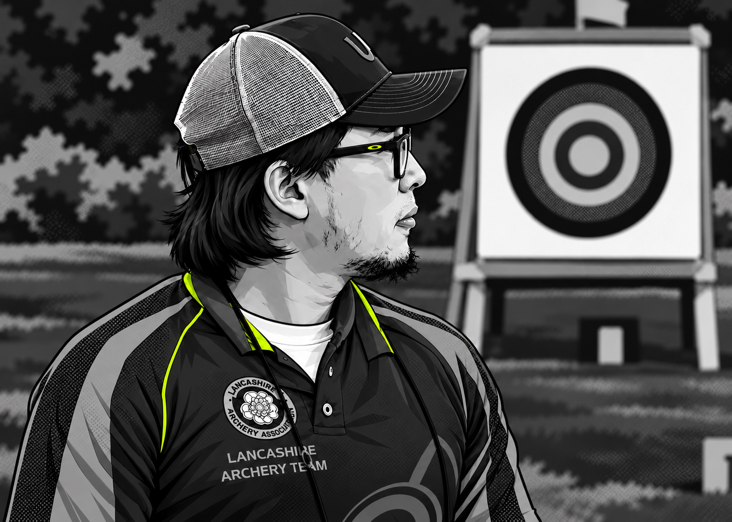 Grayscale comic portrait of Tango at an archery range, with subtle lime accents on his glasses and shirt